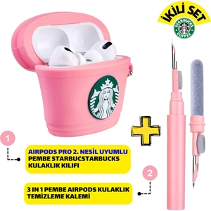Pro 2. Nesil Uyumlu Starbucks Pembe Kulaklık Kılıfı ve Pembe 3'ü 1 Arada Kulaklık Temizleme Kalemi