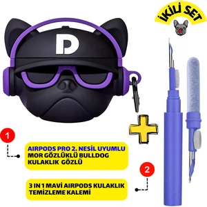 Pro 2. Nesil Uyumlu Bulldog Figürlü Kulaklık Kılıfı ve Mavi 3'ü 1 Arada Kulaklık Temizleme Kalemi