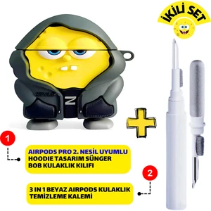 Pro 2. Nesil Uyumlu Hoodie Sünger Bob Kulaklık Kılıfı ve Beyaz 3'ü 1 Arada Kulaklık Temizleme Kalemi