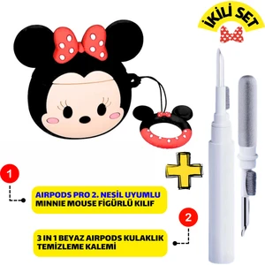 Pro 2. Nesil Uyumlu Minnie Mouse Kulaklık Kılıfı ve Beyaz 3'ü 1 Arada Kulaklık Temizleme Kalemi