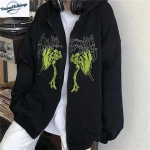 Touz Moda Harajuku Gothic Retro Butterfly Baskılı Oversize Fermuarlı Siyah Kapüşonlu Hırka