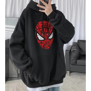 Touz Moda Spider-Man Head Baskılı Siyah Oversize Kapüşonlu Sweatshirt