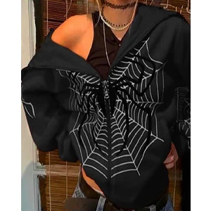 Touz Moda Allover Spider Web Kapüşonlu Fermuarlı Oversize Siyah Hırka