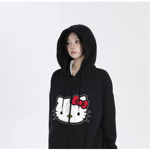 Touz Moda Hello Kitty Head Baskı Oversize Fermuarlı Siyah Kapüşonlu Hırka