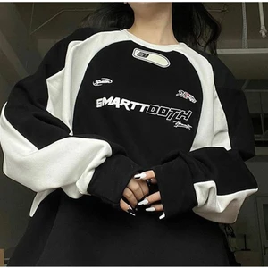 Touz Moda  Y2K Streetwear Smarttooth Baskılı Siyah Unisex Oversize Bisiklet Yaka Sweatshirt