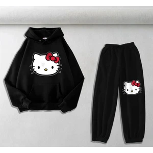 Touz Moda Hello Kitty Head Baskılı Siyah Sweatshirt-Eşofman Altı İkili Takım
