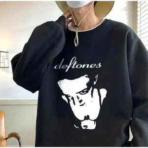 Touz Moda Deftones Baskılı Siyah Oversize Bisiklet Yaka Sweatshirt