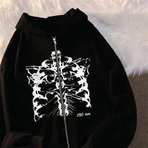 Touz Moda Aesthetic Skeleton Baskılı Oversize Fermuarlı Siyah Kapüşonlu Hırka