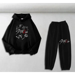 Touz Moda Stray Kids Baskılı Siyah Sweatshirt-Eşofman Altı İkili Takım