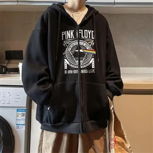 Touz Moda Pink Floyd Baskılı Oversize Fermuarlı Siyah Kapüşonlu Hırka