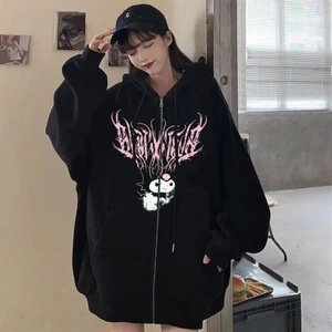 Touz Moda Kuromi Pink Baskılı Oversize Fermuarlı Siyah Kapüşonlu Hırka