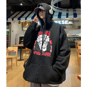 Touz Moda  Jujutsu Kaisen Poster Baskılı Oversize Fermuarlı Siyah Unisex Kapüşonlu Hırka