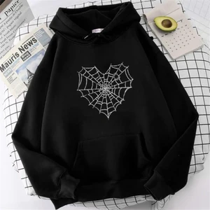 Touz Moda Heart Web Baskılı Siyah Oversize Kapüşonlu Sweatshirt