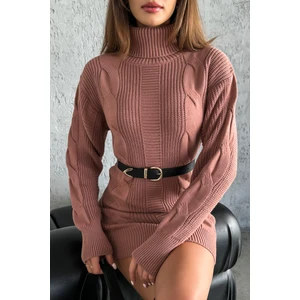 Nosia Fashion Triko Örgü Desenli Tarçın Renk Mini Elbise