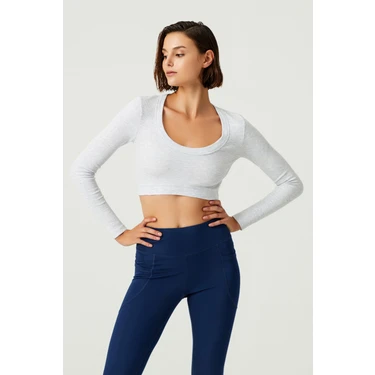 Los Ojos x Melodi Gri Pamuklu Fitilli Crop Spor Bluz Long