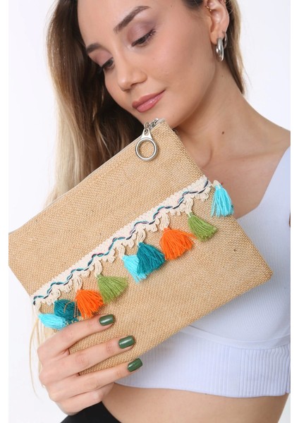 Renkli Pon Pon Püsküllü Jüt Clutch Bez Çanta indirimleri