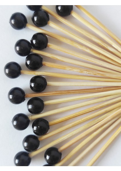 100 Adet Dekoratif Siyah Incili Kokteyl Kürdan 6 cm - Inci 8 mm - Siyah Incili Kanepe Kürdanı