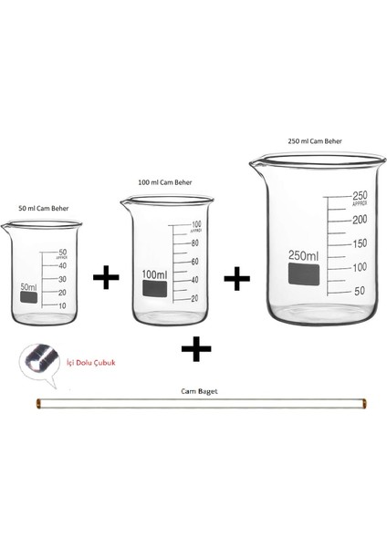 Cam Beher Seti 4 Parça 1 Adet 50 ml 1 Adet 100 ml 1 Adet 250 ml 1 Adet Cam Baget