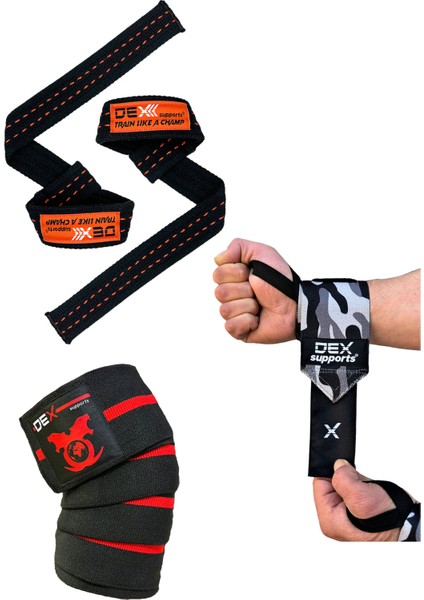 Dex Supports Kamuflaj Spor Bileklik , Straps Halter Kayışı, Knee Wraps 3'lü Set