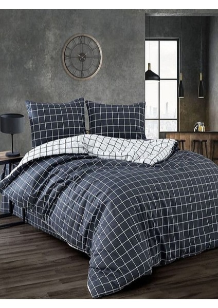 Sedali Home Set - Kareli Siyah Beyaz Çift Yönlü Tek Kişilik Nevresim Seti