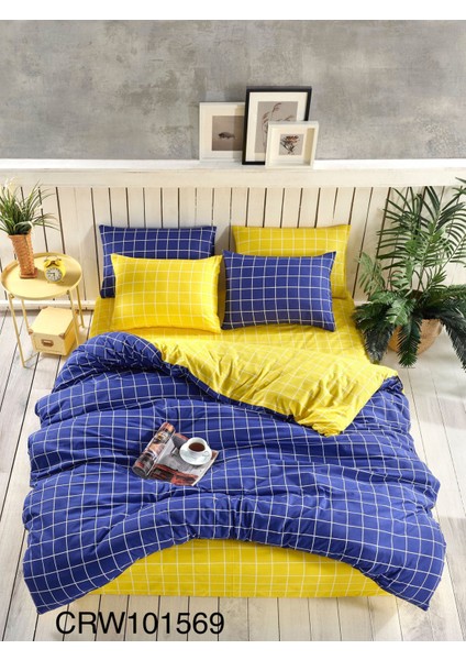 Sedali Home Set - Kareli Mavi Sarı Çift Yönlü Battal Boy Nevresim Seti
