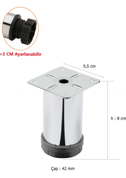 4 ADET ŞENEL Yapı Market 8 cm Metal Mobilya Kanepe Baza Koltuk Metal Destek Ayağı Ayarlanabilir Krom Ayak 42 mm