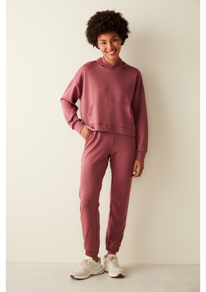 Gül Kurusu Yumuşak Dokulu Kapüşonlu Kanguru Cepli Sweatshirt