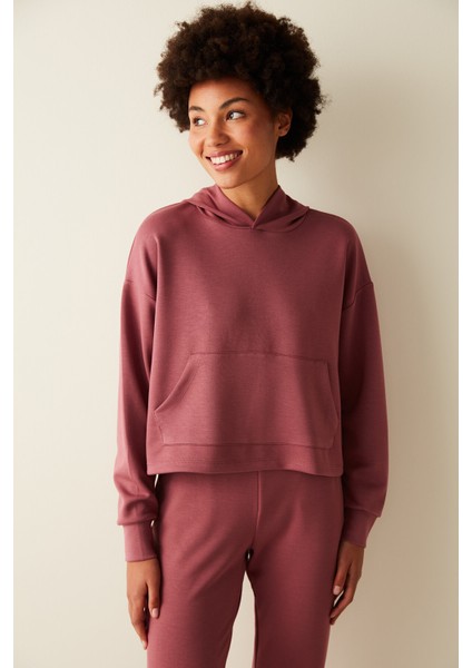 Gül Kurusu Yumuşak Dokulu Kapüşonlu Kanguru Cepli Sweatshirt