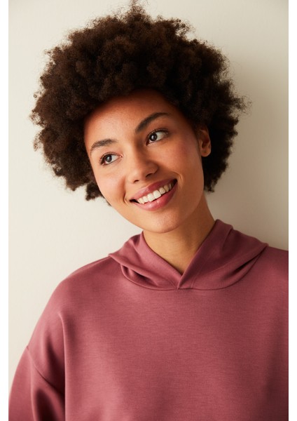 Gül Kurusu Yumuşak Dokulu Kapüşonlu Kanguru Cepli Sweatshirt