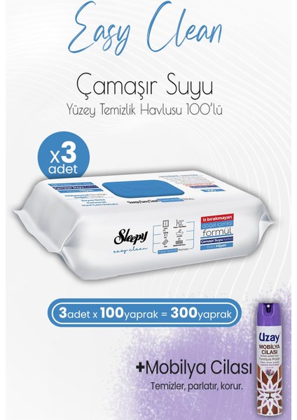 Easy Clean Yüzey Temizlik Havlusu Çamaşır Suyu Katkılı 100' Lü x 3 Adet ve Mobilya Cilası Lavanta