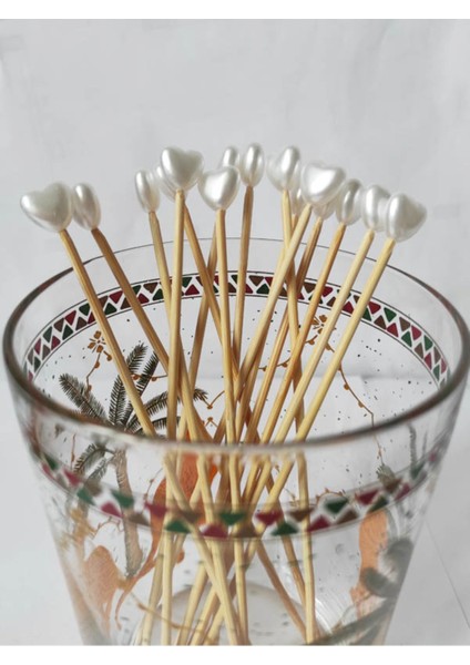 15 cm Uzun Kürdan - 30 Adet Kalp Inci Pasta Kürdanı - Nişan Söz Kalp Incili Kürdan