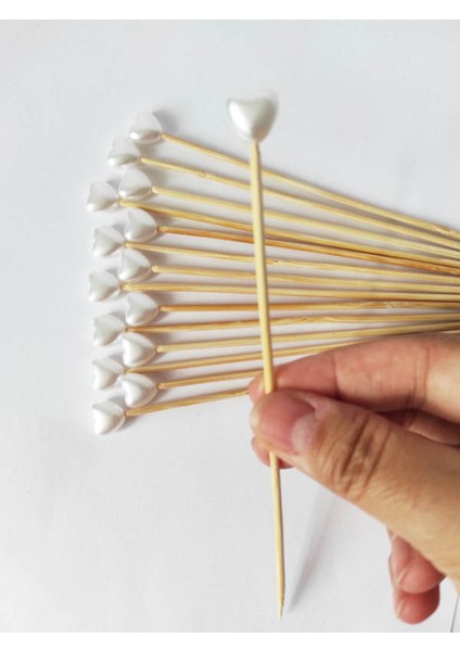 15 cm Uzun Kürdan - 30 Adet Kalp Inci Pasta Kürdanı - Nişan Söz Kalp Incili Kürdan fiyatları