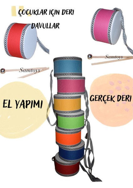 Ahşap Orjinal Deri Çocuk Davulu 18 cm El Yapımı