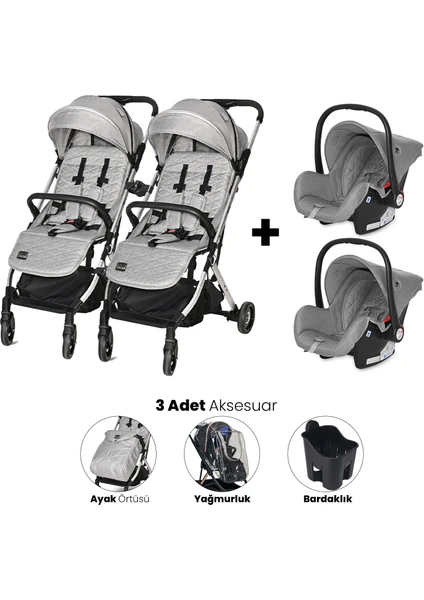 Myla Ayrılıp Birleşebilen Kabin Set İkiz Bebek Arabası - Grey