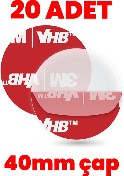 20 Adet 40mm Çap Şeffaf Çift Taraflı Hazır Kesim Vhb Bant