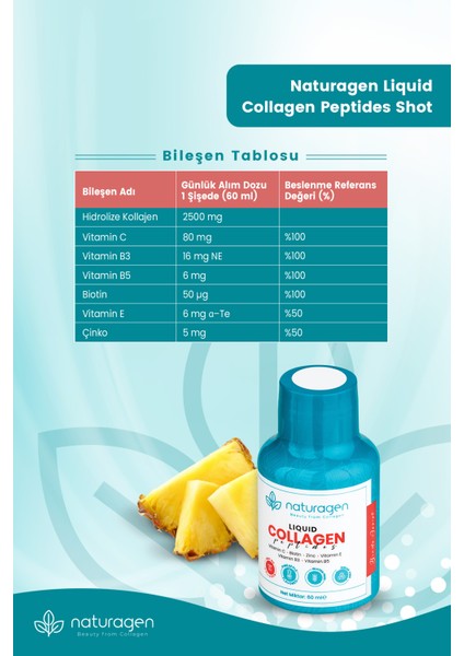 Ananas Aromalı Likit Collagen Shot 60 ml X12 Adet Şişe(Tip 1 & Tip3 Hidrolize Sıvı Collagen)