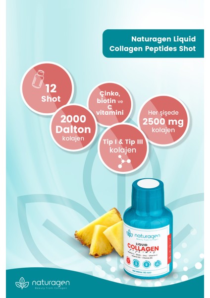 Ananas Aromalı Likit Collagen Shot 60 ml X12 Adet Şişe(Tip 1 & Tip3 Hidrolize Sıvı Collagen)