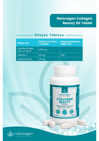 60 Tablet Hidrolize Collagen Type (Tip 1&Tip 3 Sığır ,Hyaluronic Acid & Vitamin C)