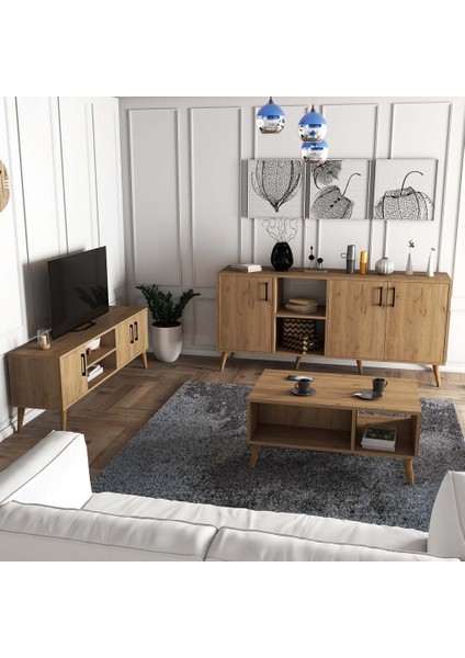 Set 1586-2076-1626 Exxen (Ahşap Ayaklı) Tv Ünitesi - Orta Sehpa - Konsol Seti Sepet Rengi