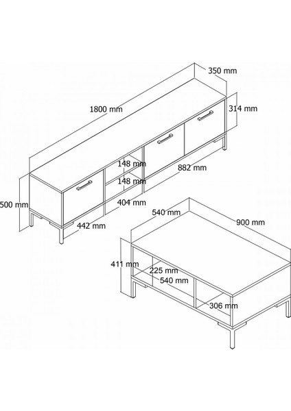 Set 1592-2082 Aurora 180 cm Metal Ayaklı Tv Ünitesi + Aurora Orta Sehpa - Hat Rengi