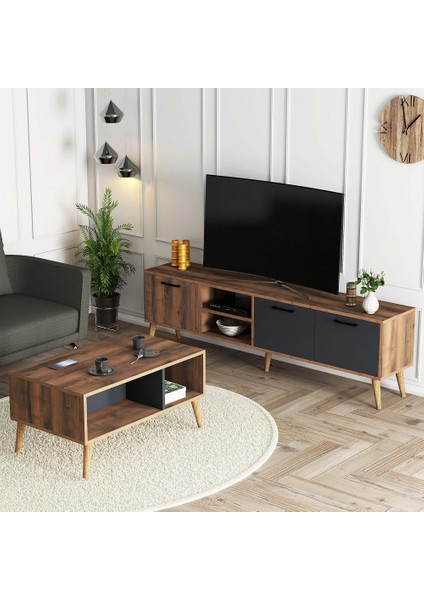 Set 1581-2070 Exxen 180 cm Tv Ünitesi + Exxen Orta Sehpa - Hat-Antrasit Rengi