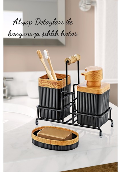 Metal Standlı Ahşap Detaylı Banyo Seti - Sıvı Sabunluk Katı Sabunluk Diş Fırçalık fiyatları