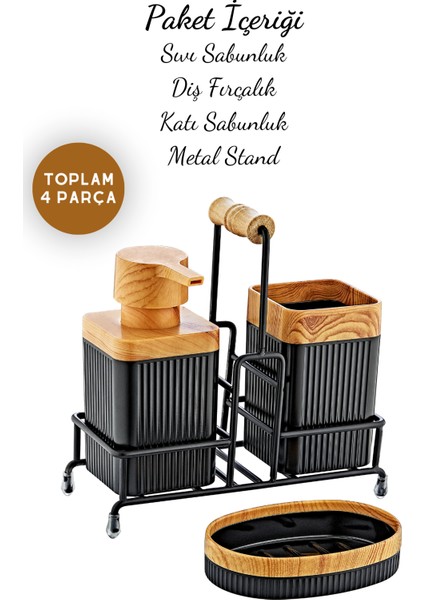 Metal Standlı Ahşap Detaylı Banyo Seti - Sıvı Sabunluk Katı Sabunluk Diş Fırçalık indirimleri