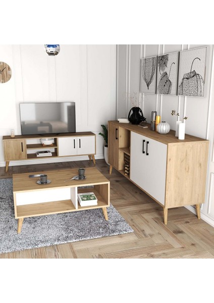 Set 1584-2074-1624 Exxen (Ahşap Ayaklı) Tv Ünitesi - Orta Sehpa - Konsol Seti Sepet - Beyaz modelleri
