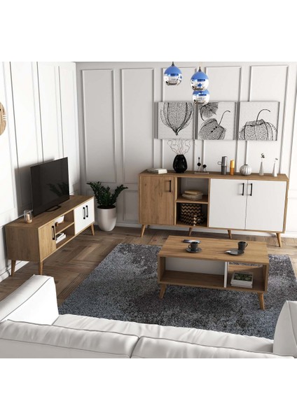 Set 1584-2074-1624 Exxen (Ahşap Ayaklı) Tv Ünitesi - Orta Sehpa - Konsol Seti Sepet - Beyaz fırsatları
