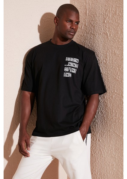 Pamuk Baskılı Oversize Bisiklet Yaka T Shirt Erkek T Shirt 5902641