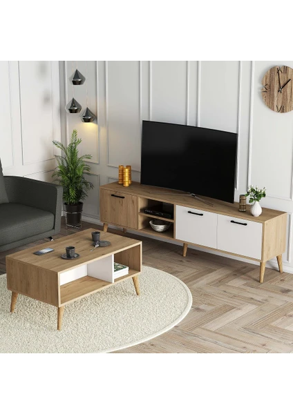 Set 1585-2074 Exxen 180 cm Tv Ünitesi + Exxen Orta Sehpa - Sepet-Beyaz Rengi