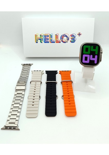 Hello Watch 3+ Plus H12 Amoled Ekran 4 Kordonlu Ultra 49MM Watch 9 Şarj Pusula 4gb Rom Akıllı Saat