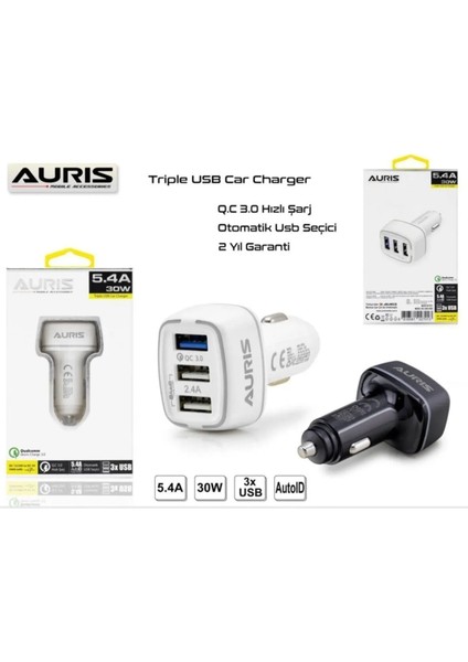 Şarj Cihazı Hızlı Şarj Oto Çakmaklık Şarj Aleti 3 Port USB Hızlı Şarj 5.4 A 30W Qc ARS-CR05 ÇAKMAKLIK3LÜ30W