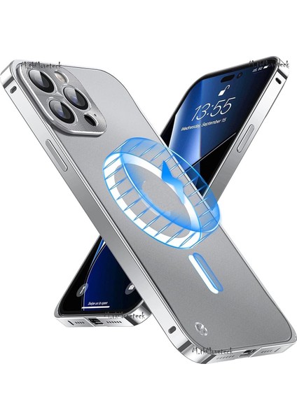 Apple Iphone 15 Pro Kılıf Kamera Lensli Korumalı Kenarları Metal Çerçeveli Bumper Kilitli Magsafe Arkası Şeffaf Kapak